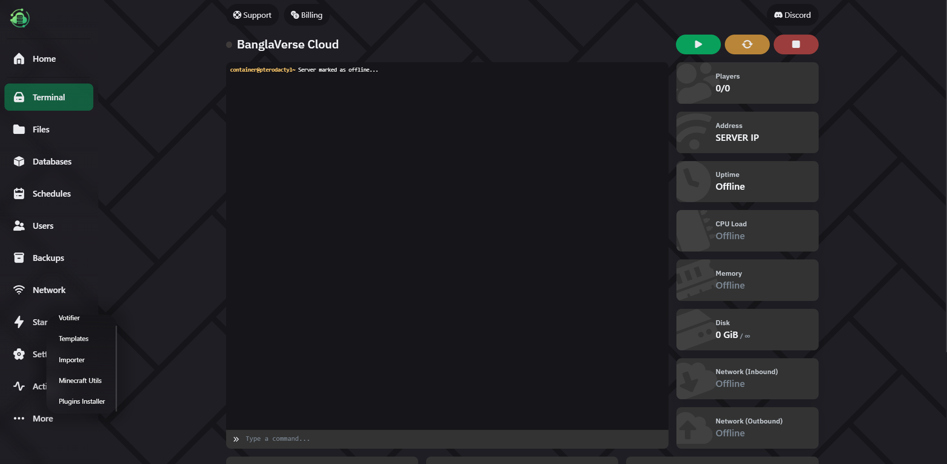 BanglaVerse Minecraft control panel preview